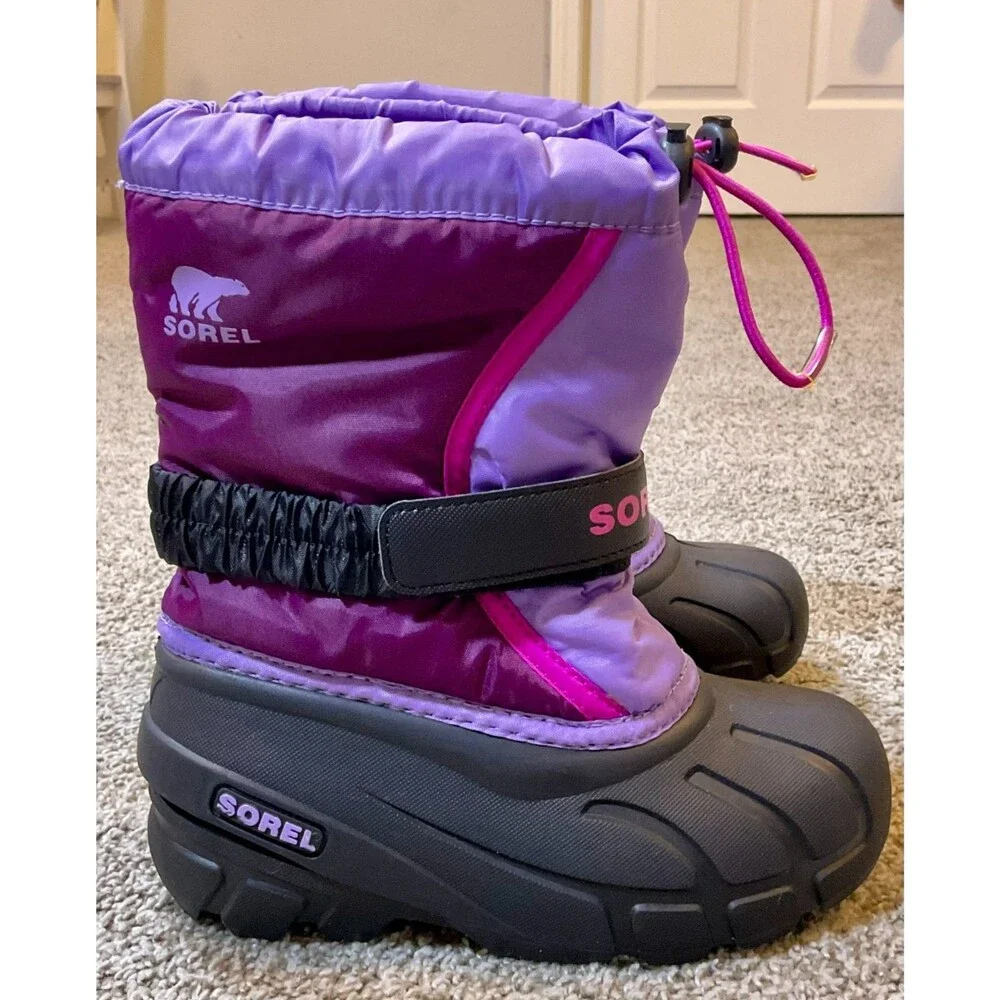 SOREL Flurry Insulated Winter Snow Boots Kids Purple Pull On Duck Size‎ 13 EUC